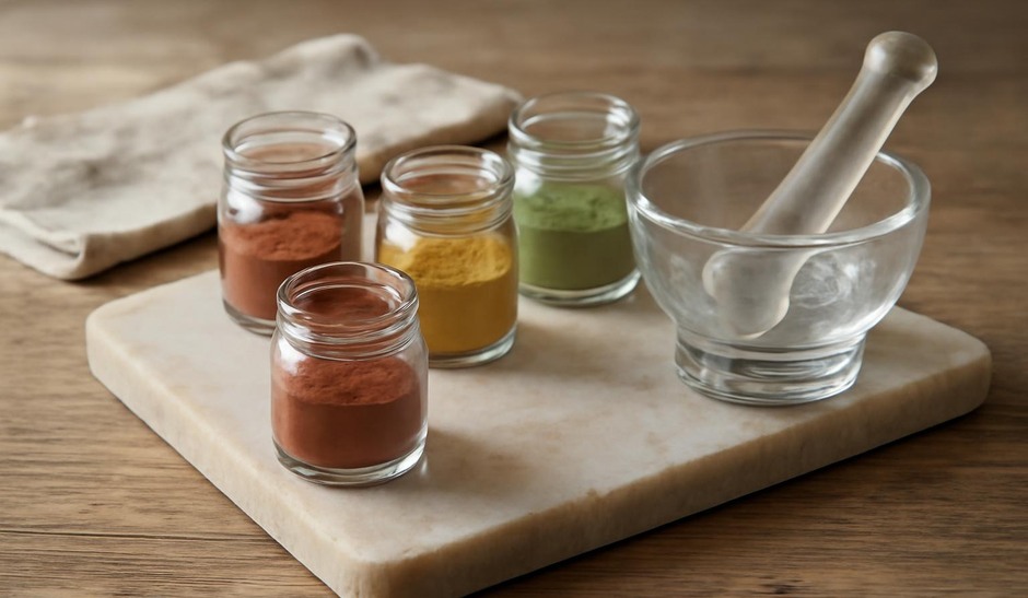 Small jars of powdered pigments and a glass muller on a slab