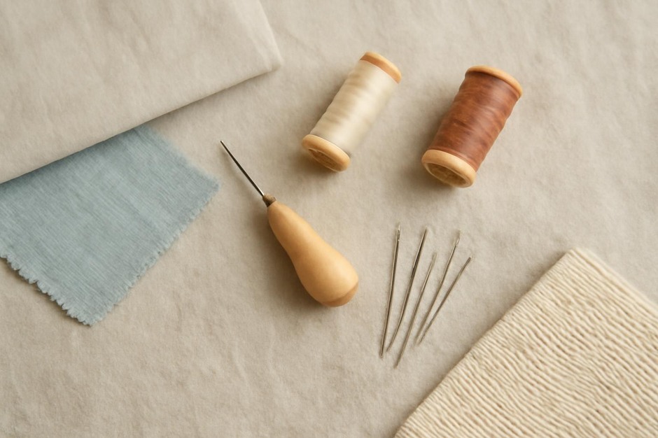 A small selection of sewing needles, awl, threads, and fabric swatches