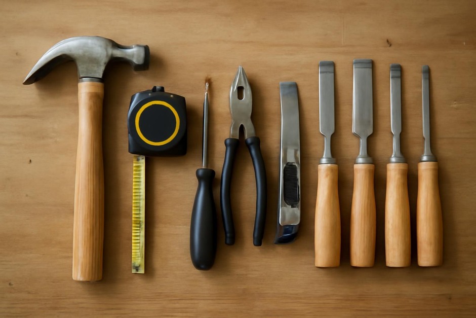A basic hand tool kit laid out on a wooden bench