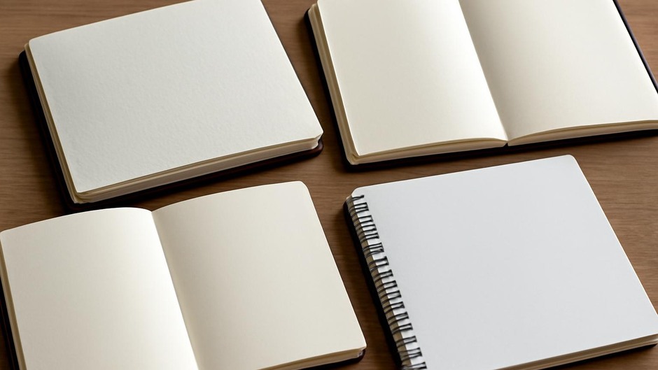 Open sketchbooks showing different paper textures and bindings