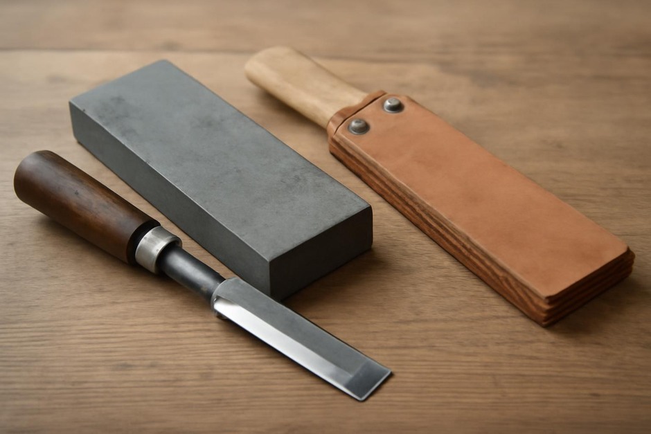 A sharpening stone and leather strop next to a chisel
