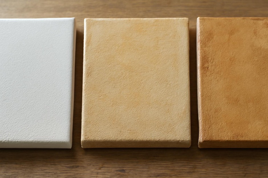 Close-up of three painted canvases with different priming textures