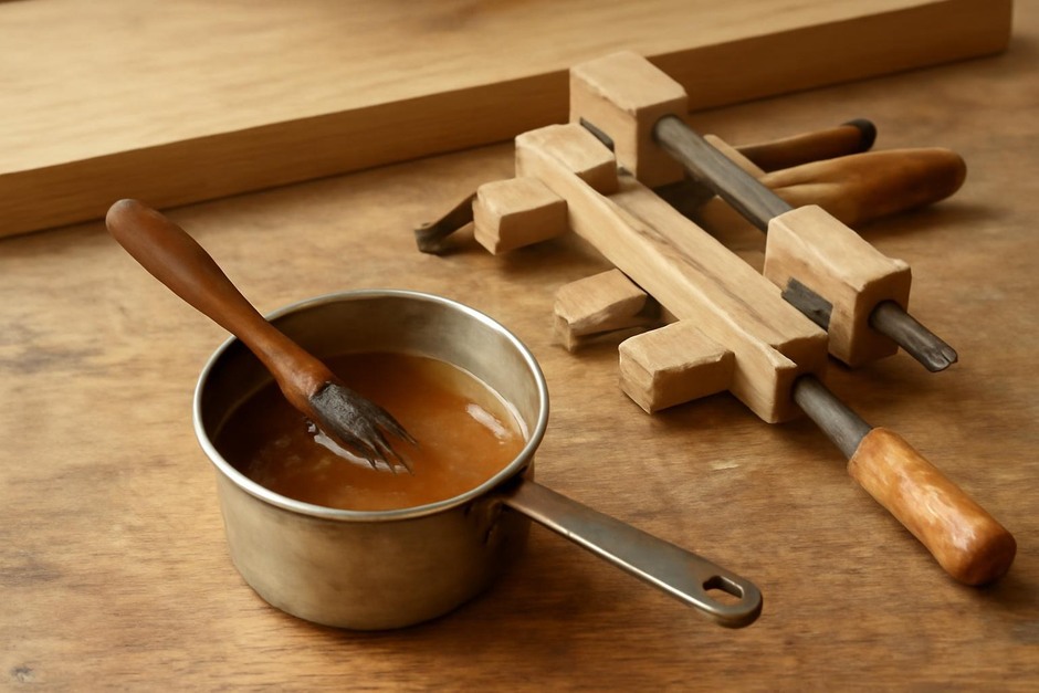 Small glue pot with hide glue and wooden clamps on a workbench