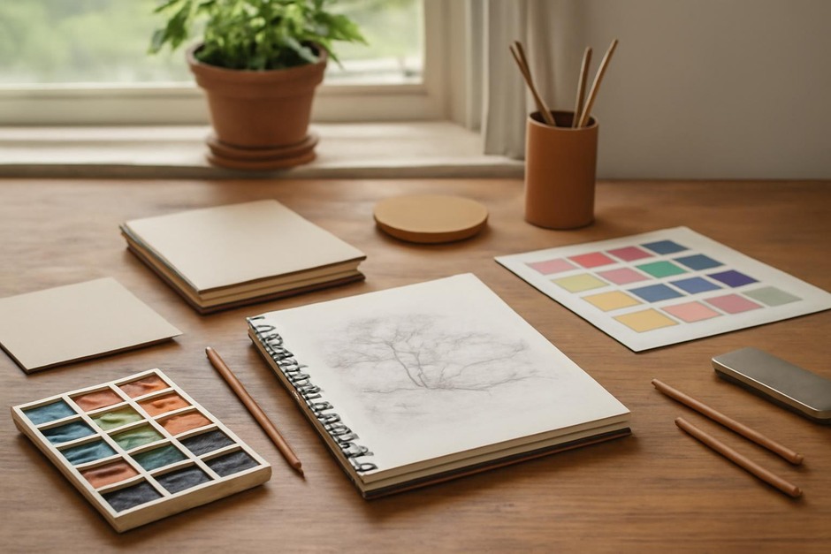 Abstract art desk with color swatches, brush marks, and sketchbook studies.