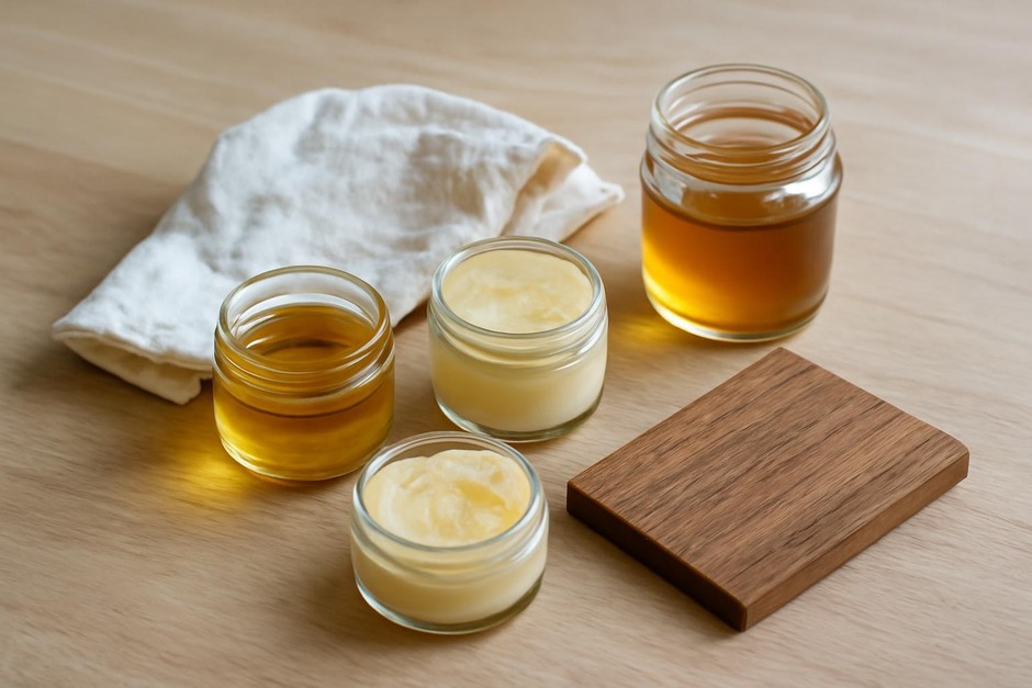 Small jars of natural oil and wax with a cloth and a wood sample