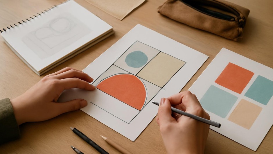 Bright studio image with paint textures, paper layers, and geometric color blocks.
