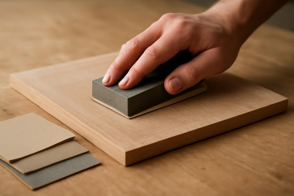 Hand sanding a wooden panel with a sanding block