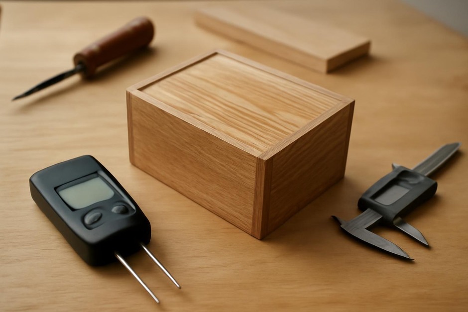 Small wooden box showing wood grain and tools for measuring moisture