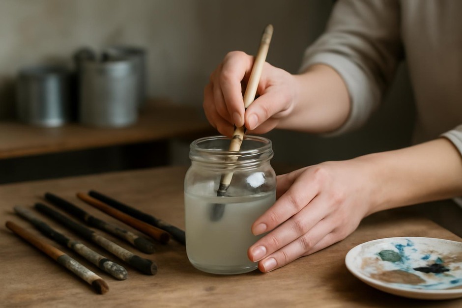 Artist cleaning paintbrushes in a jar of water on a workbench