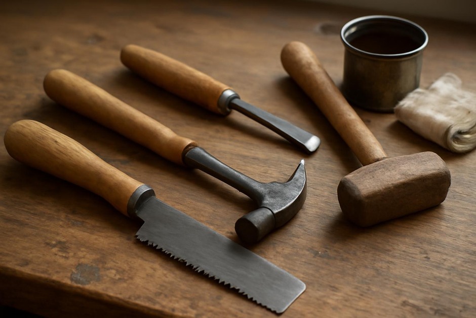 Hand tools with wooden handles on a workbench